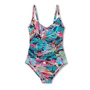 Aqua Green Women XL Shirred V-Neck One Piece Swimsuit Gathered Waist Shelf Bra